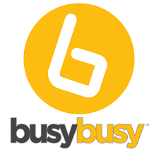 A logo for busy busy with a white letter b in a yellow circle