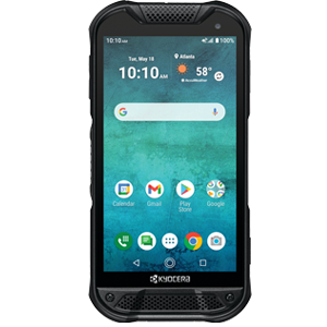 A kyocera smart phone with the time 10:10 on the screen