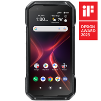 A smart phone with a design award sticker next to it