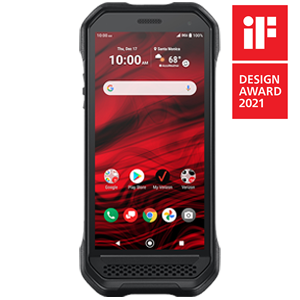 A black cell phone with a red screen and a design award sticker