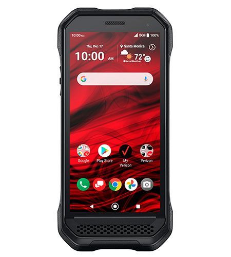 A black cell phone with a red background and icons on the screen.