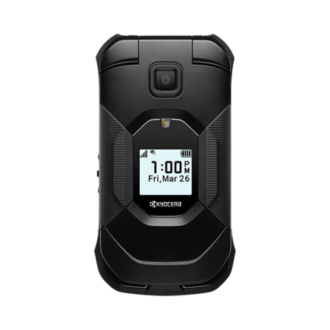 A kyocera flip phone shows the time as 1:00