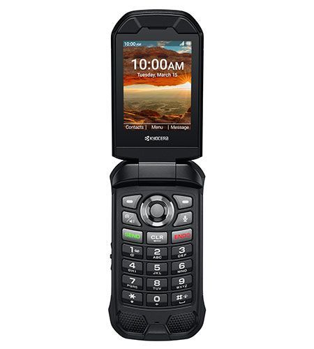 A black flip phone with a landscape on the screen.