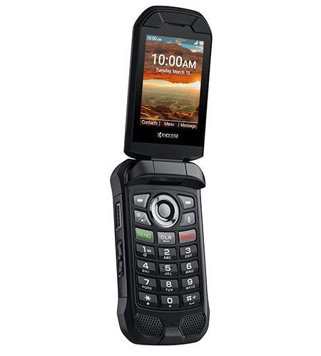 A flip phone with a large screen and a keypad on a white background.