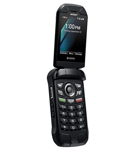 A flip phone with the screen open and a remote control.