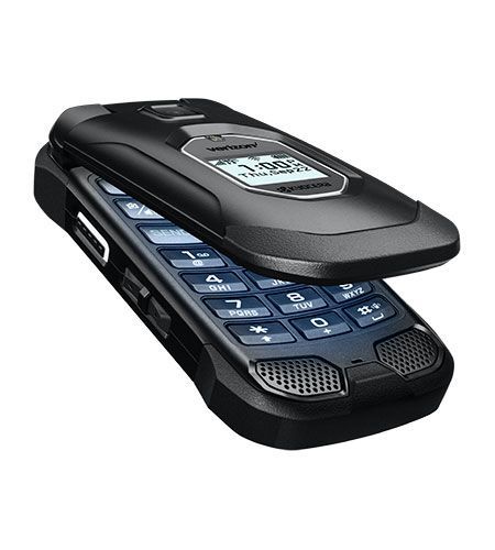 A flip phone with its lid open on a white background.