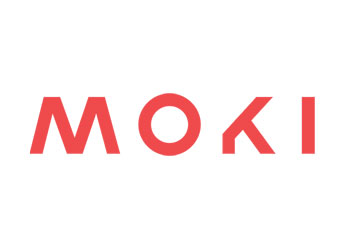 A red and white logo for a company called moki