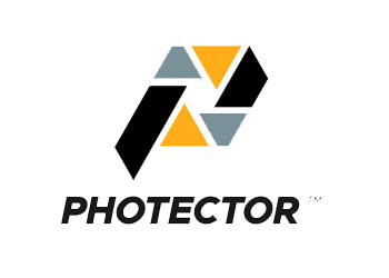 The logo for protector is a triangle with the letter p on it.