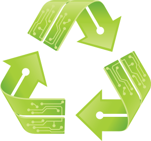 A green recycling symbol with circuit boards on it
