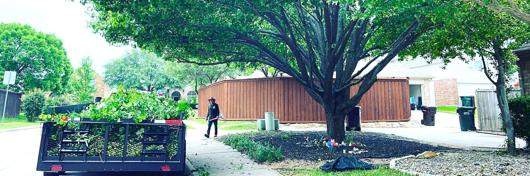A man is standing next to a tree in front of a house.