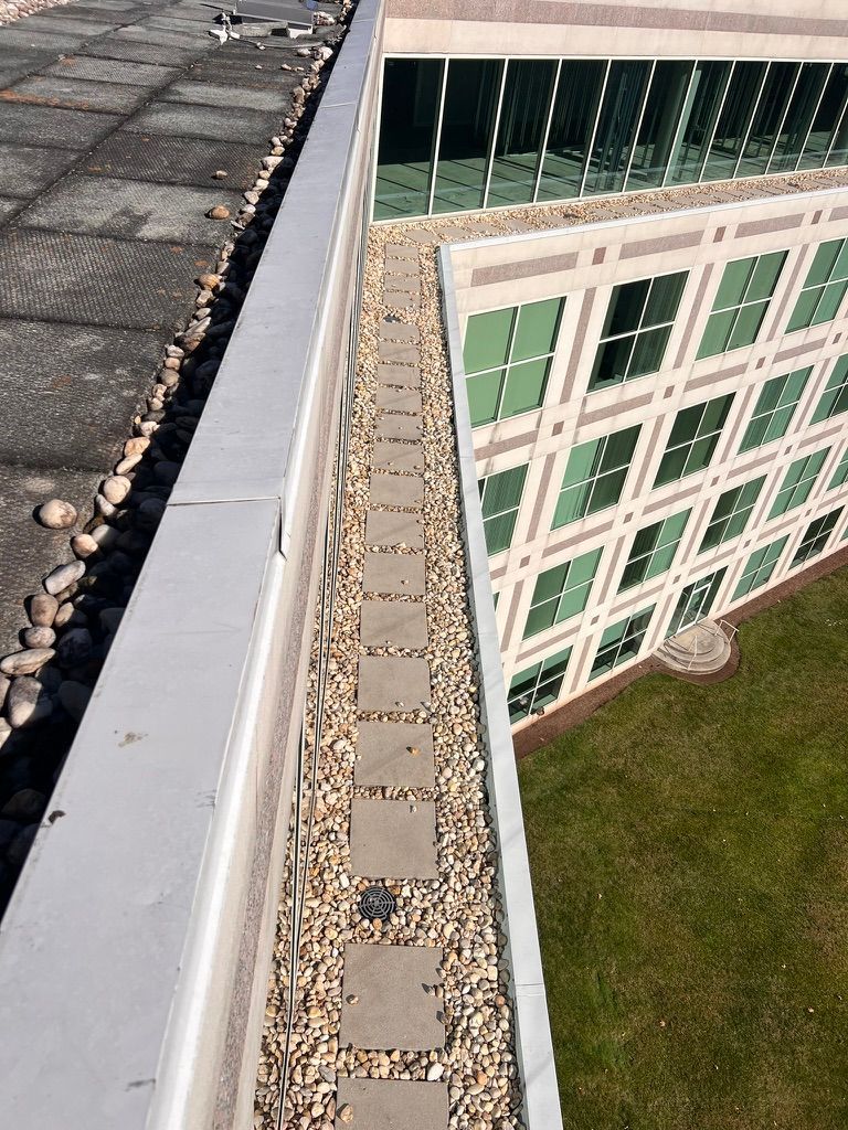 Rooftop with safety cable system. Dark roof tiles, black bins in foreground. Cable stretches across.