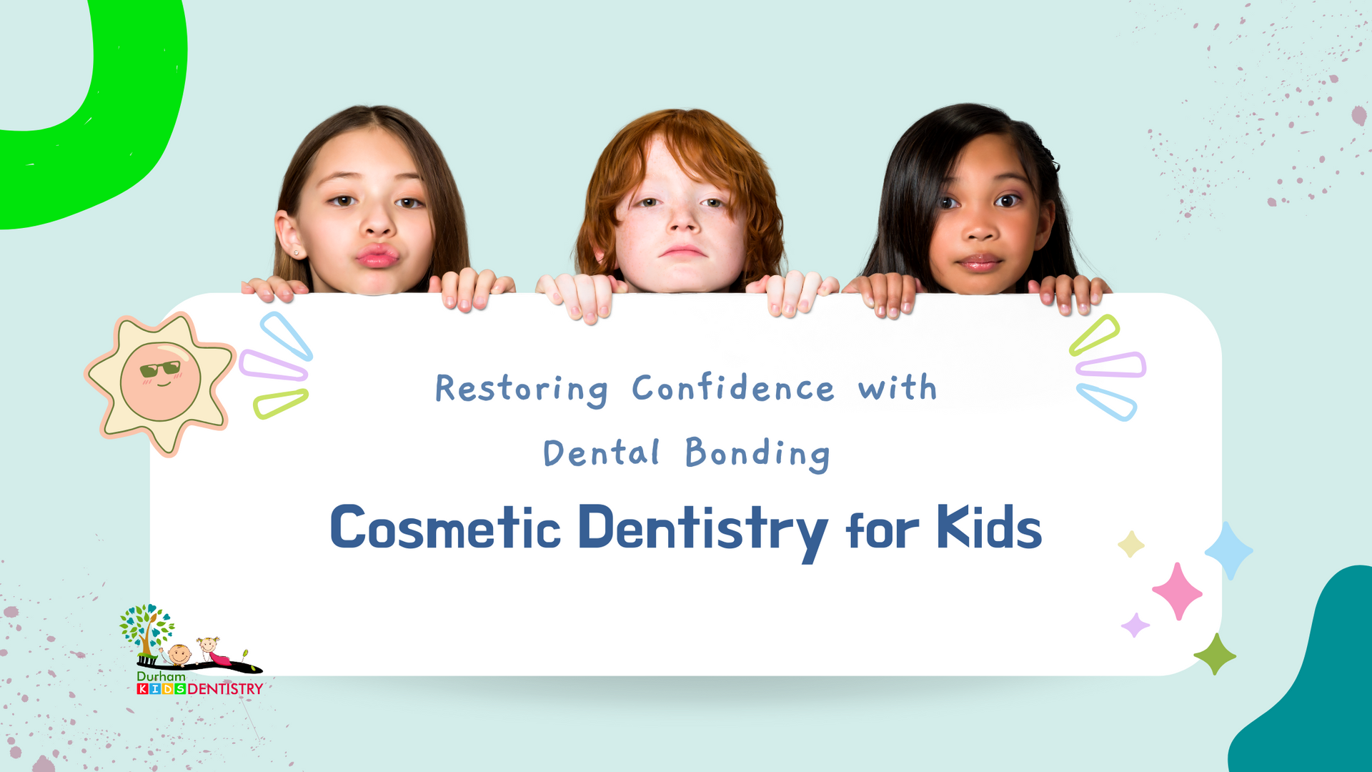 Three children are holding a sign that says `` restoring confidence with dental bonding ''.