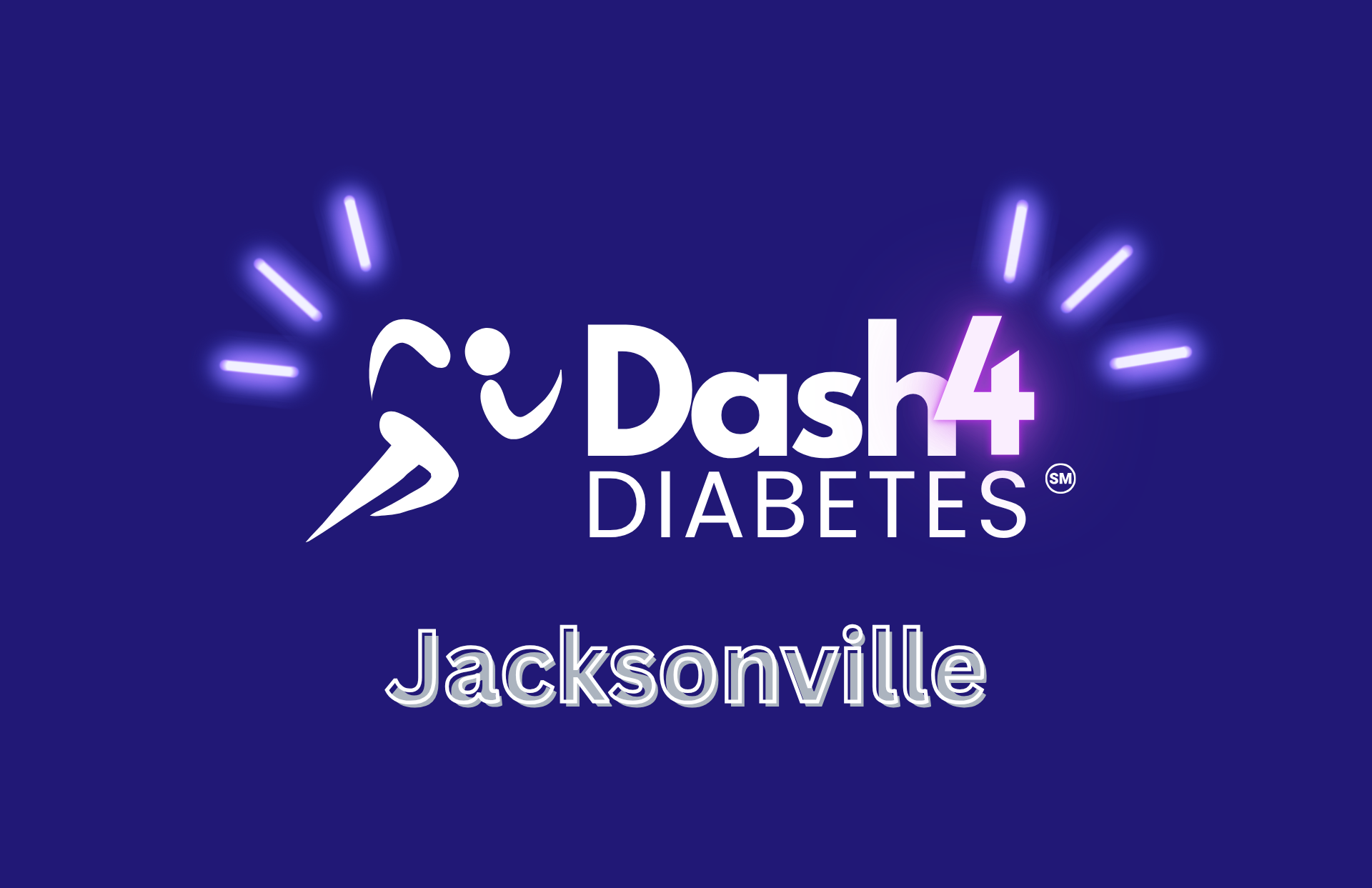 Logo for Dash4Diabetes Jacksonville featuring a white runner icon and glowing purple text on a dark blue background.