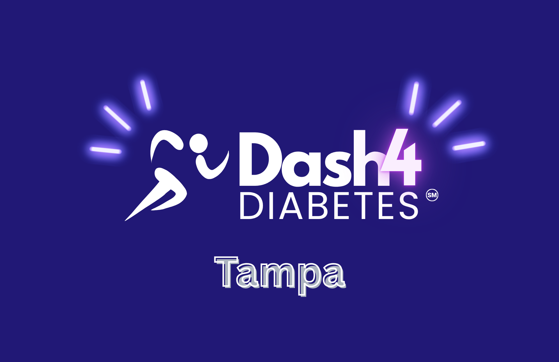 A purple logo for Dash4 Diabetes Tampa featuring a running figure and glowing neon-style text.