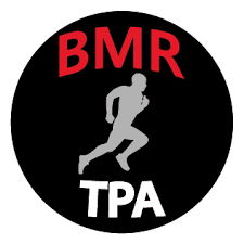 A logo for bmr tpa with a silhouette of a man running
