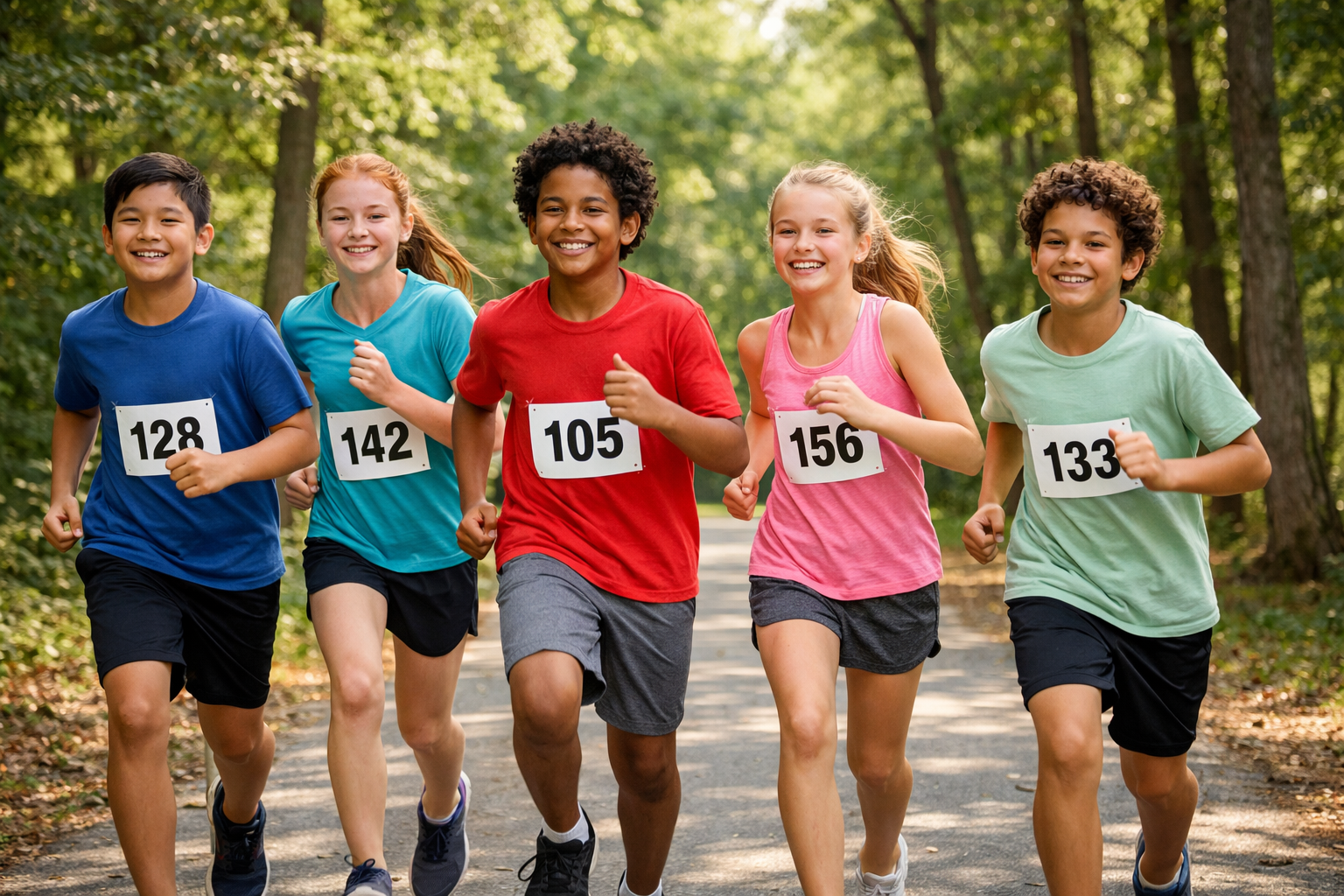 Five children with race bibs run together on a wooded path, smiling.