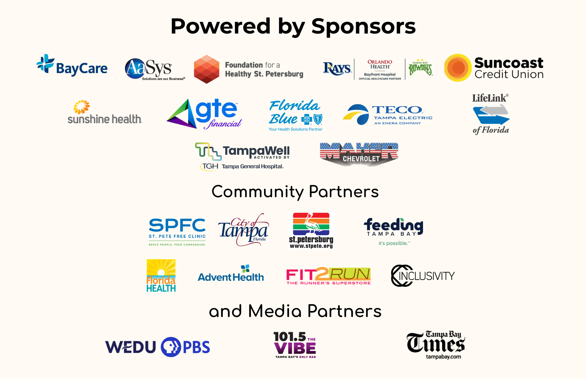 A grid of logos for event sponsors, community partners, and media partners organized by category.