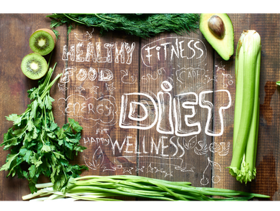 A wooden table topped with vegetables and fruits with the words `` healthy fitness diet '' written on it.