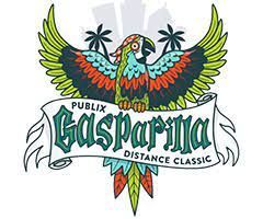 A logo for gasparilla distance classic with a parrot and palm trees.