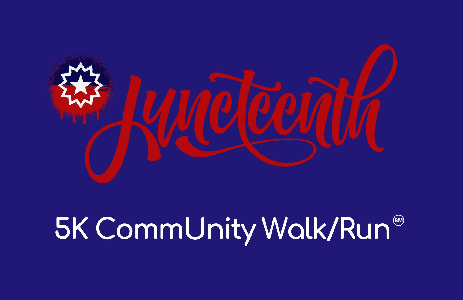 A navy blue banner featuring the Juneteenth flag icon and red cursive text reading 