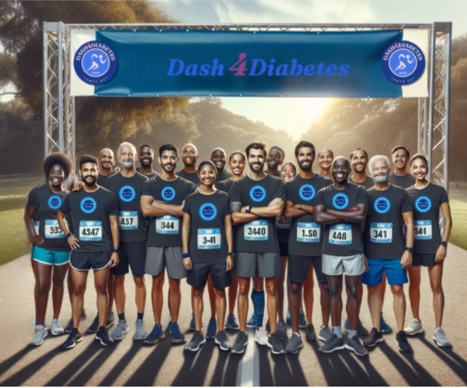 A group of people standing in front of a sign that says dash 4 diabetes