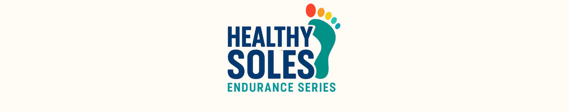 Logo for Healthy Soles Endurance Series, featuring dark blue text next to a multicolored stylized footprint icon.