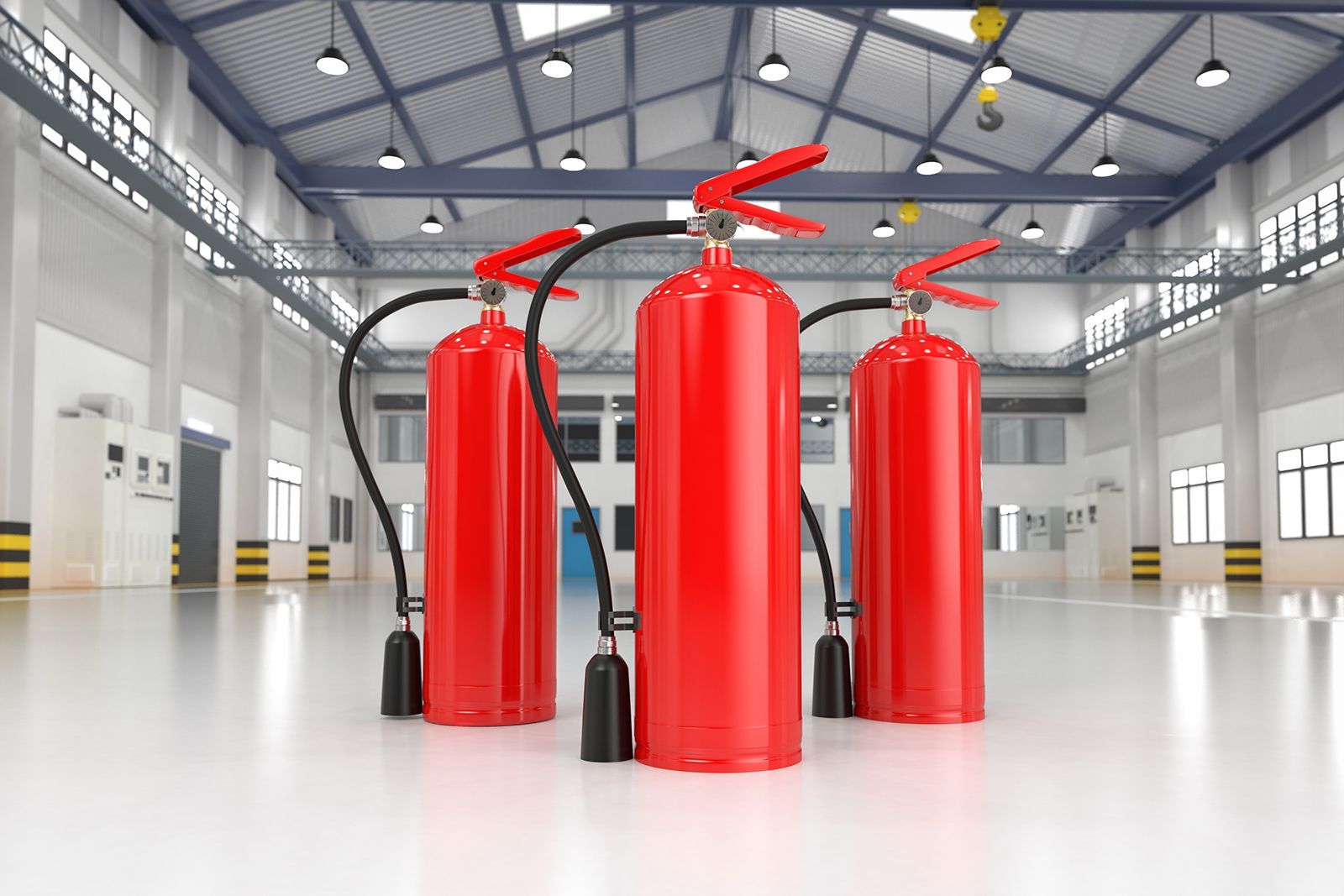 Tres extintores rojos en un almacén.