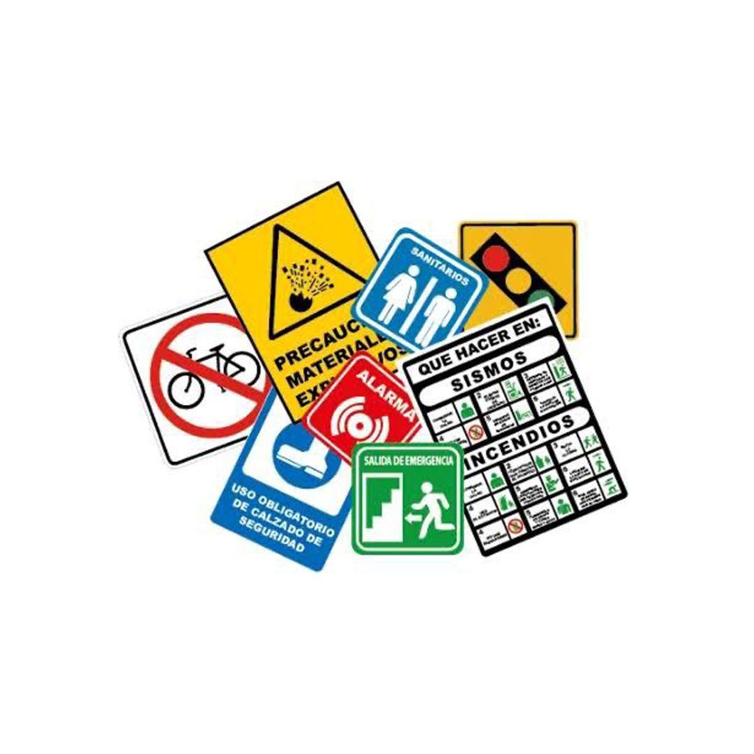 Señales de seguridad en diversas formas, colores y símbolos, advirtiendo sobre peligros y proporcionando instrucciones.