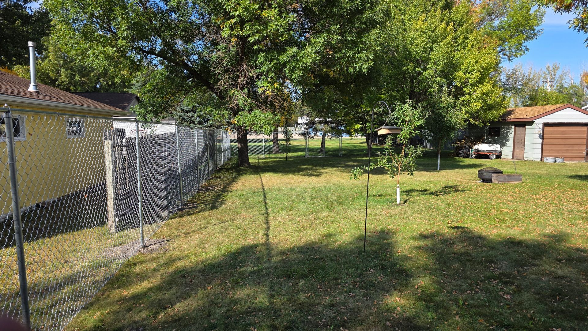 Backyard with grass, trees, and fences. A yellow house and shed are visible.