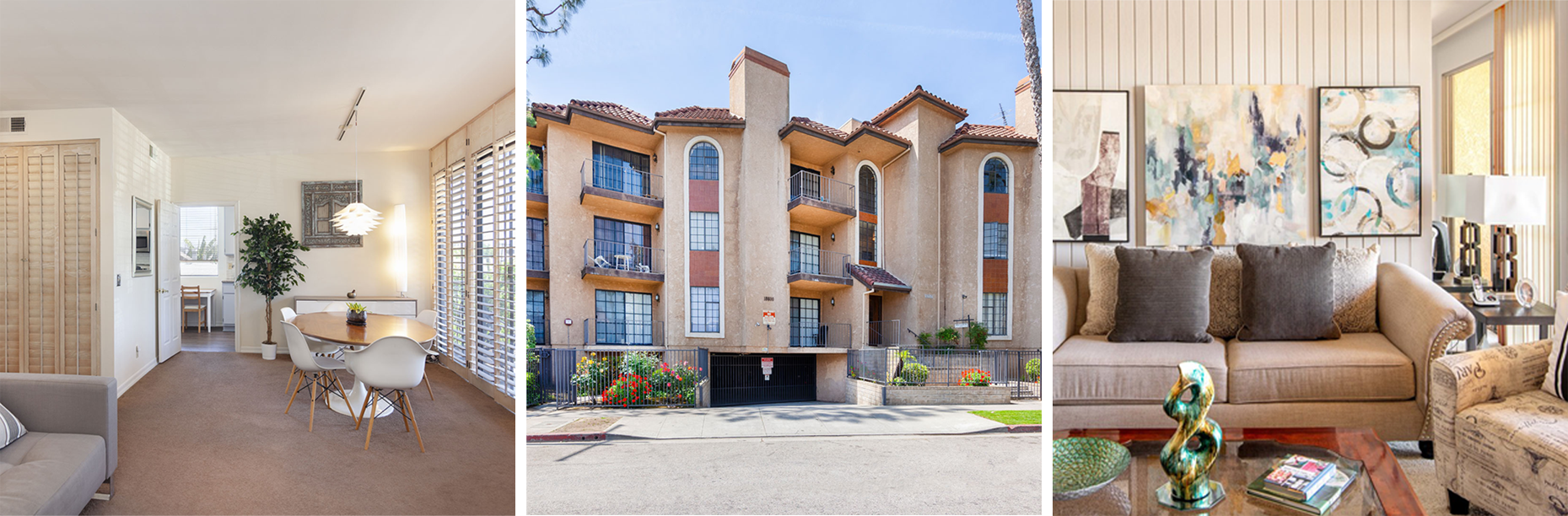 Residential Condo, image banner, room interior with couch, room interior with table and seating, multi-family residential building exterior