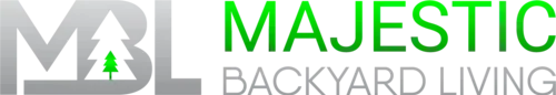 A logo for majestic backyard living with green letters