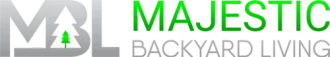 A logo for majestic backyard living with green letters