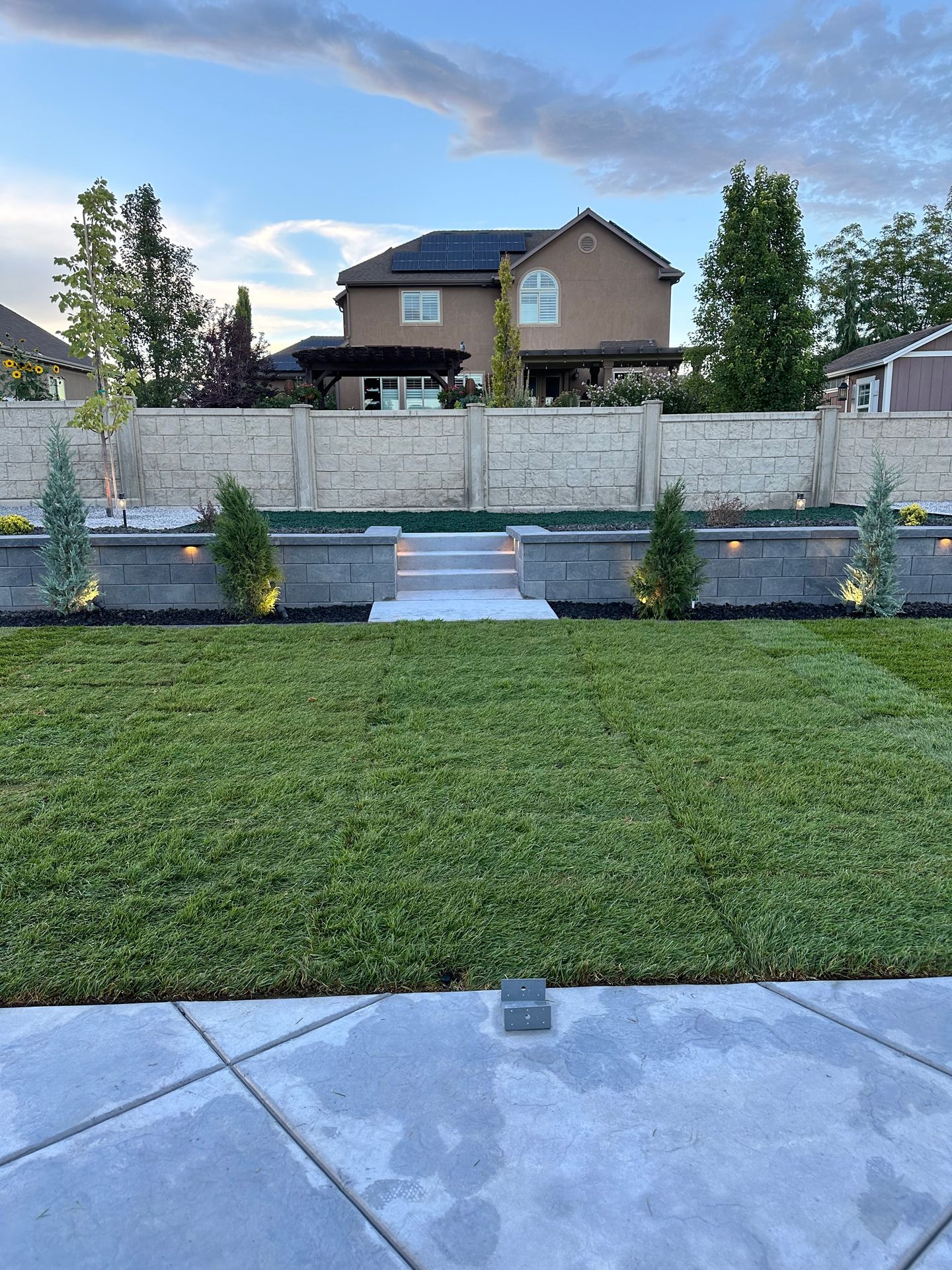 A backyard with a large lawn and a house in the background.