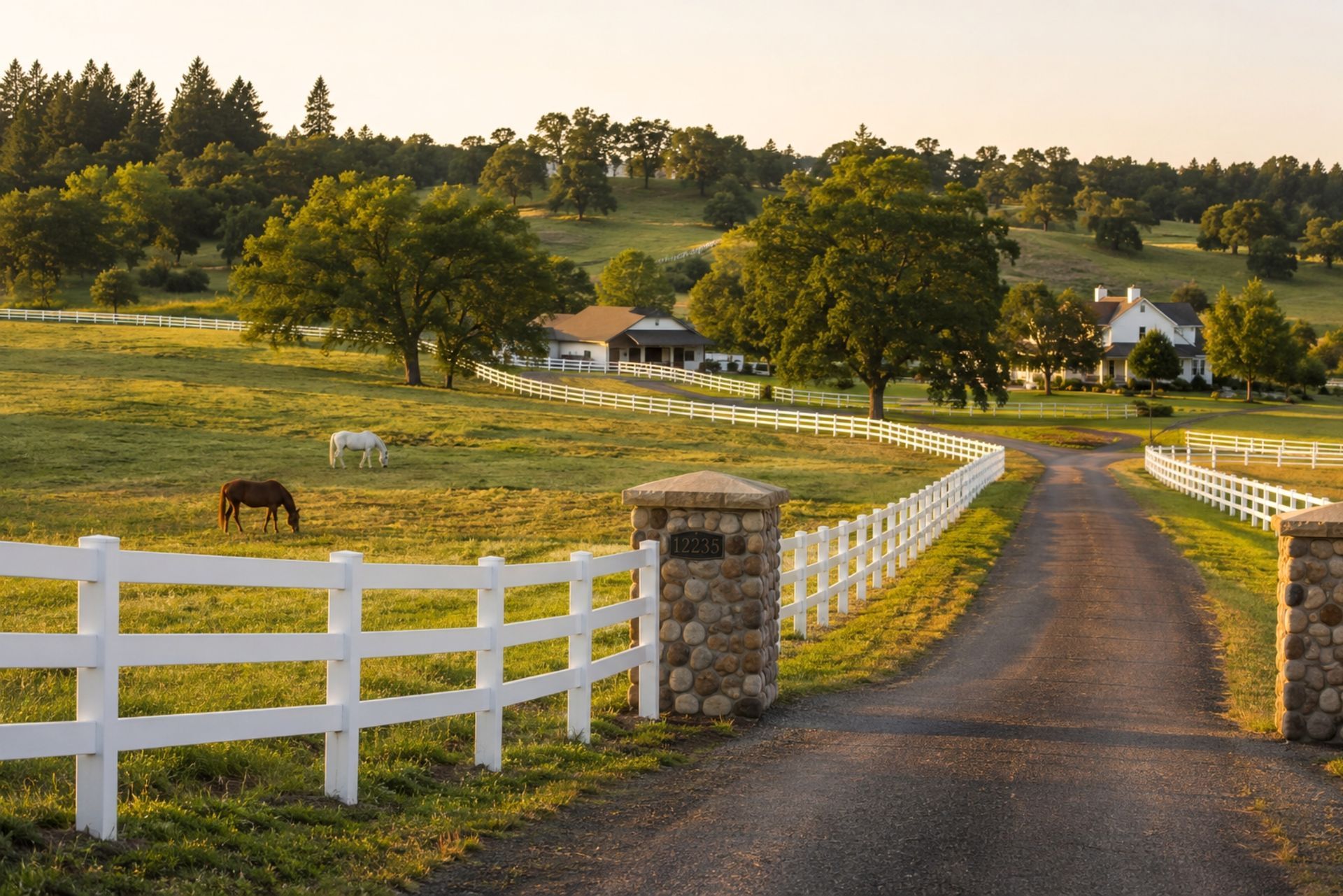 Gravel driveway through white fences in a green rural field at sunset, with horses in Central PA