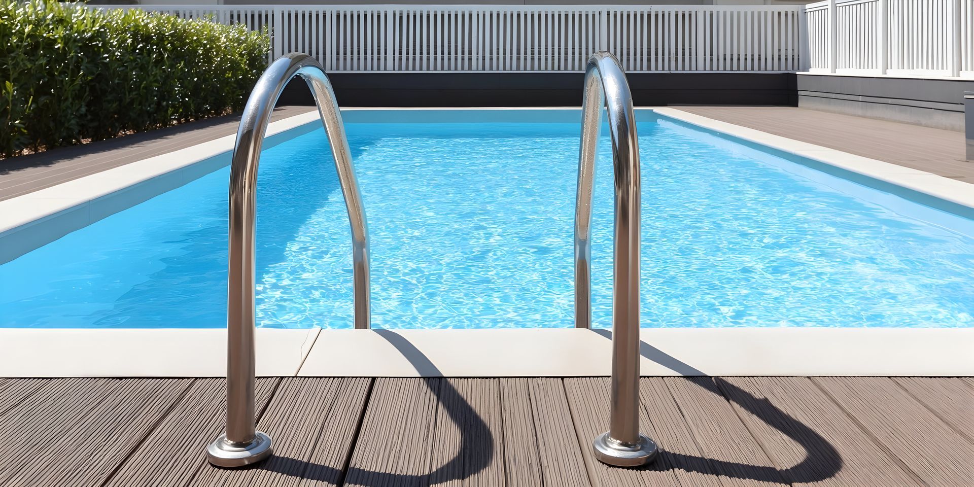 Stainless steel pool ladder in a blue swimming pool  in State College