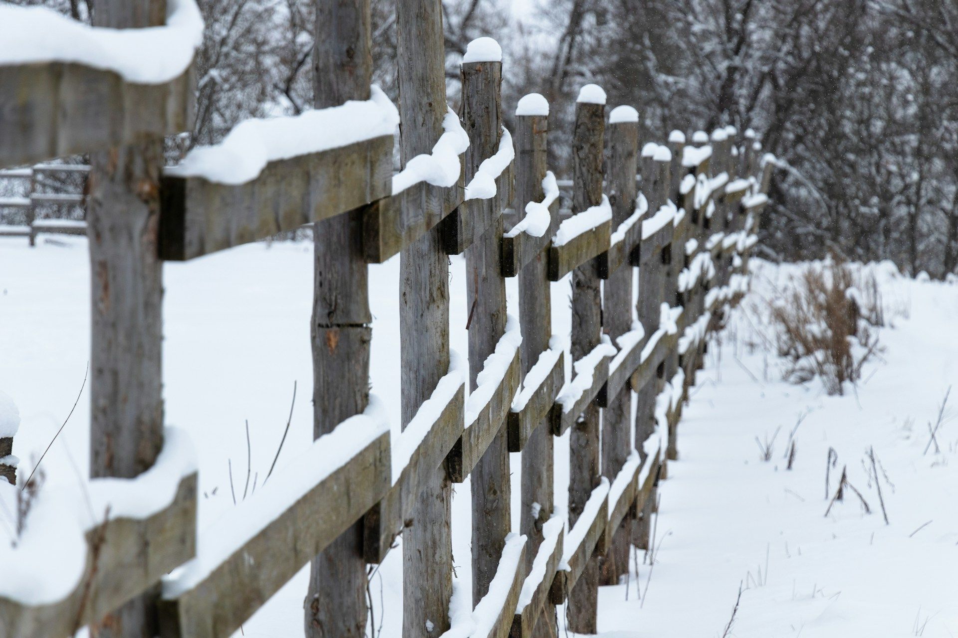 Wooden fence covered in snow, in a wintery field  in State College