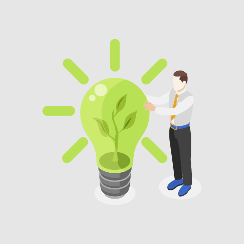 Un hombre sostiene una bombilla con una planta dentro.