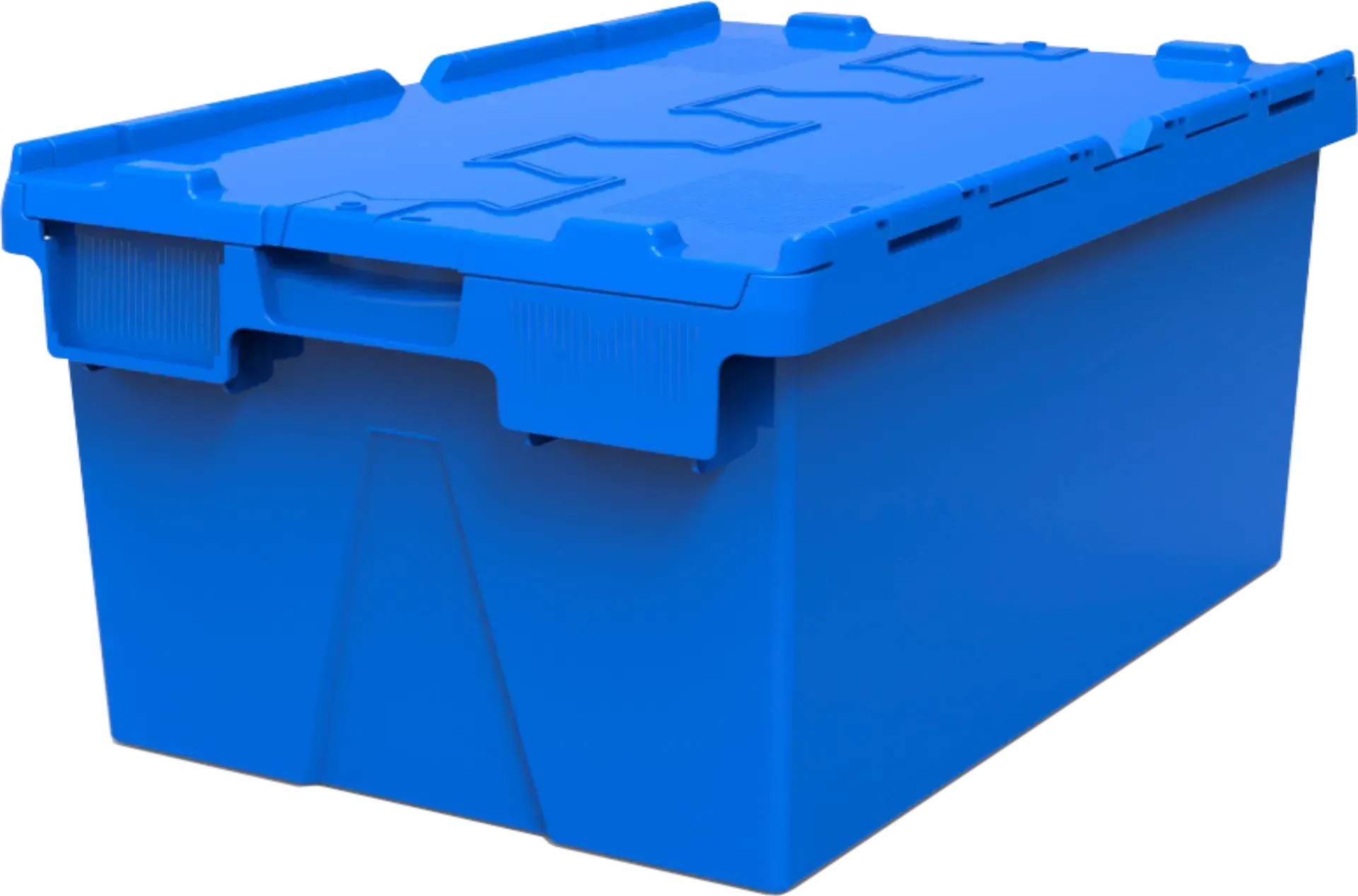 Un recipiente de plástico azul con tapa y asas.