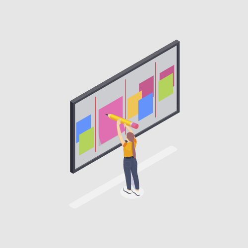 Una ilustración isométrica de un hombre escribiendo en un tablero con notas adhesivas.