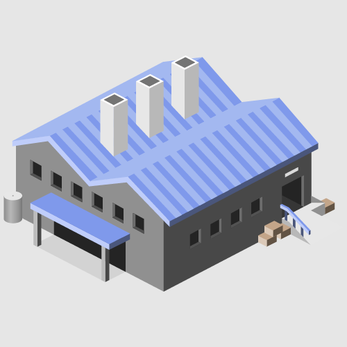 Dibujo isométrico de una fábrica con techo azul.