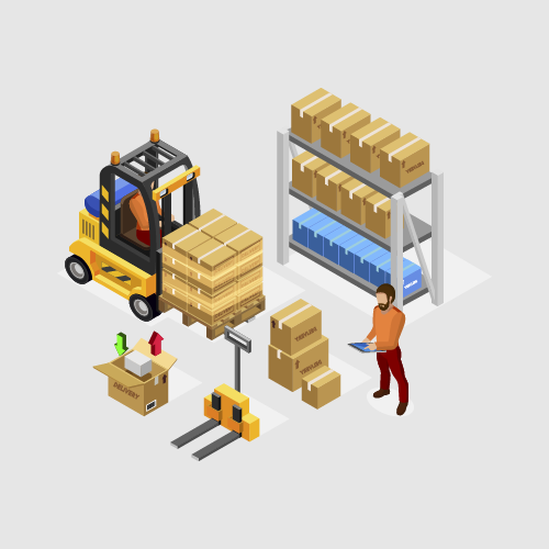 Una ilustración isométrica de un almacén con cajas y una carretilla elevadora.