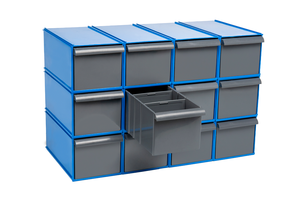 Una pila de cajones azules y grises con un cajón abierto.