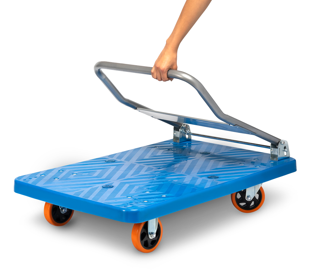 Un carro azul con ruedas y un asa sobre un fondo blanco.