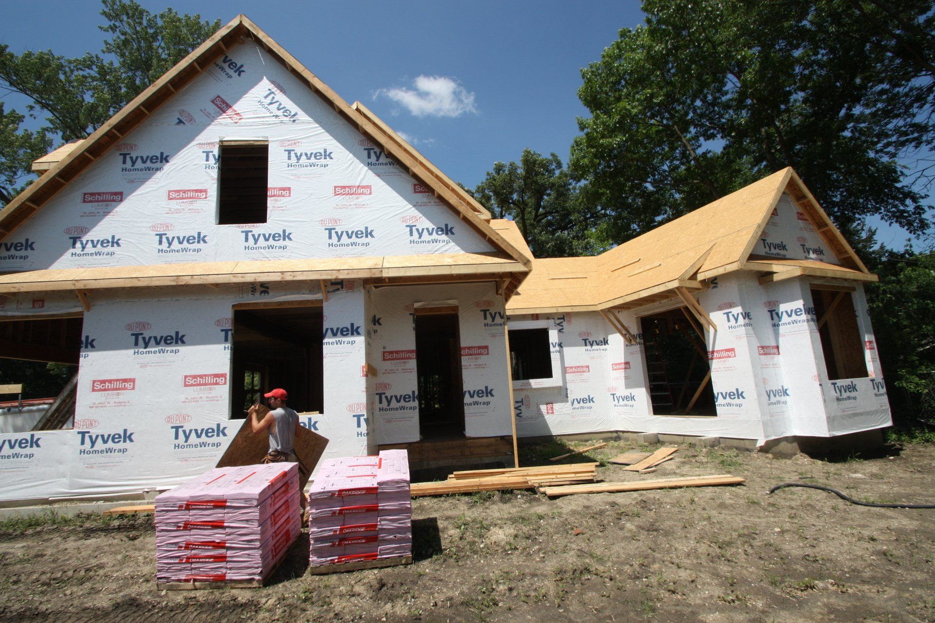 A house that is being built with styrofoam on it