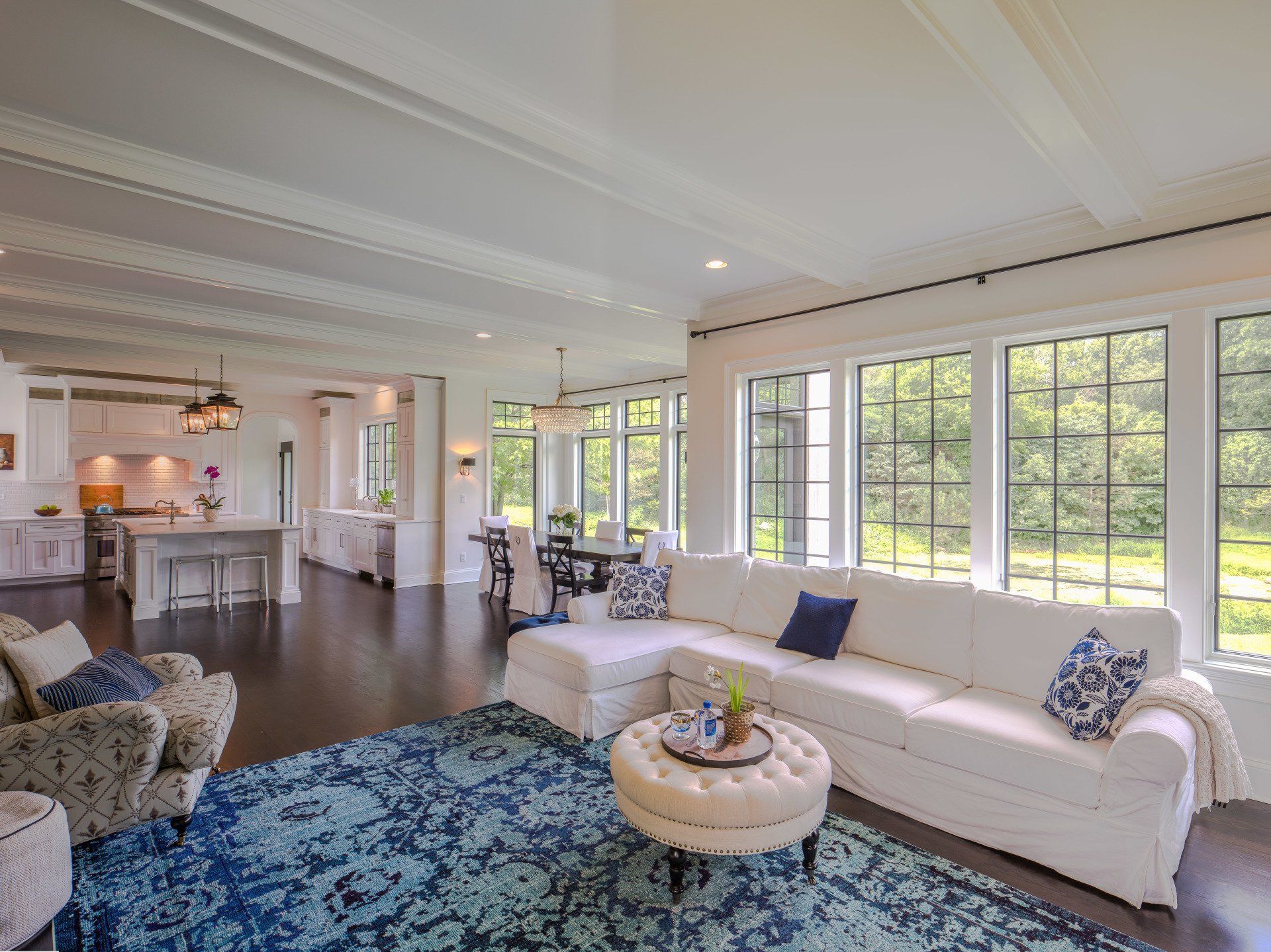 A living room with a white couch and a blue rug.