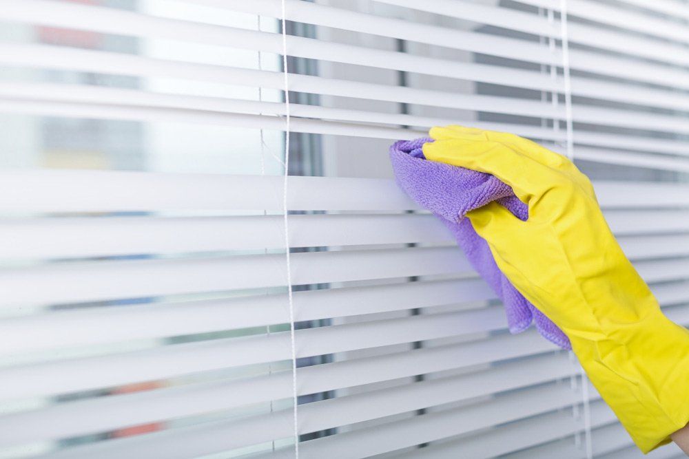 Hand of woman closeup cleaning blinds — Blind Cleaning in Tweed Heads, NSW
