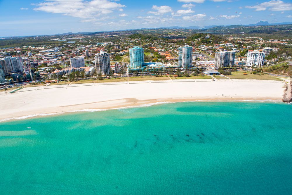 An aerial view of the beach at Kirra on the Gold Coast — Window Furnishing Services in Gold Coast, NSW