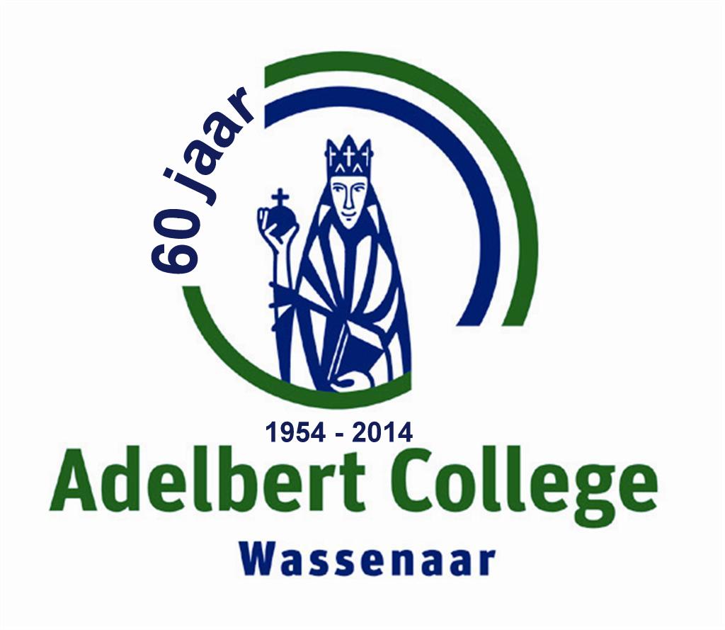 Logo for Adelbert College Wassenaar: Saint figure, green arcs, 