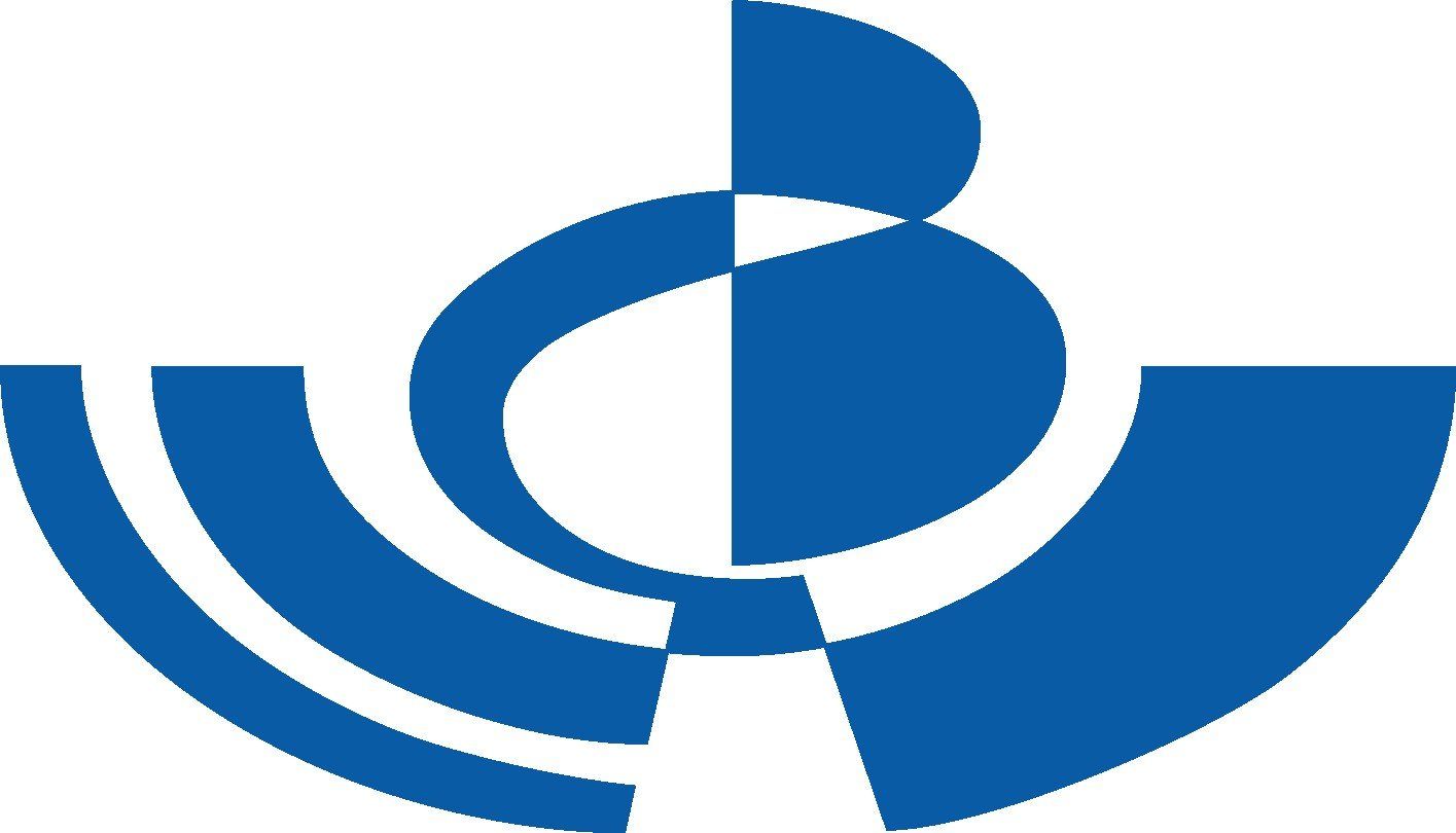 Blauw en wit abstract symbool. Gebogen lijnen en vormen vormen een gestileerd embleem of logo.