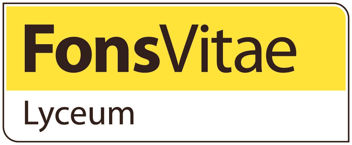 Logo voor FonsVitae Lyceum in zwart lettertype op een gele achtergrond en een witte achtergrond eronder.
